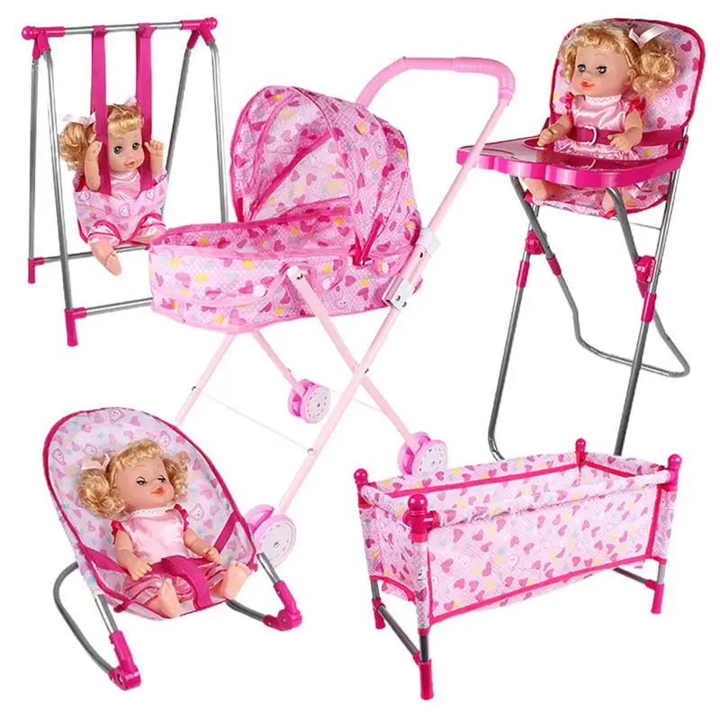 Simulation Doll Stroller Set Pink Baby Stroller Pretend Play Toys Nursery Role - £14.91 GBP+