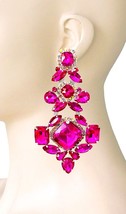 4.5&quot; Long Yellow Fuchsia Hot Pink Rhinestones Clip On Statement Earrings Pageant - £23.99 GBP