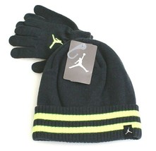 Nike Jordan Gray &amp; Volt Knit Cuff Beanie &amp; Stretch Gloves Youth Boy&#39;s 8-... - £23.32 GBP