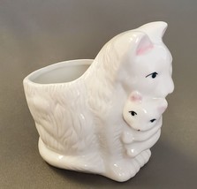 Planter Mother Cat Carrying Kitten Vtg Heavy White Stoneware Pink Ears EUC - £11.87 GBP