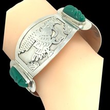 Vintage Mexico Sterling Silver Green Onyx Carved Aztec Faces Mask Panel Bracelet - £137.61 GBP