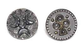 2 Vintage Round Metal Button Wiccan Crescent Moon Clover Key Hole Magical - $9.41