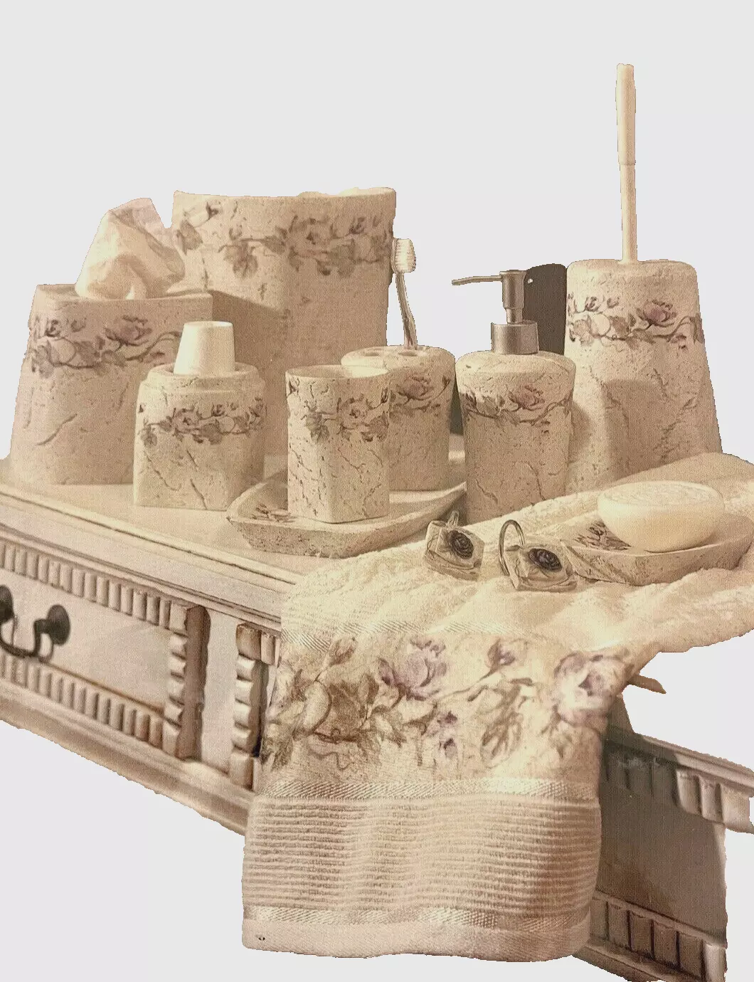 CROSCILL Rose Trail Floral Waste Basket Tissue Box Cover and Vanity Jar - $98.00