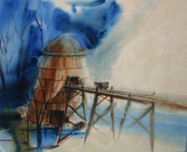 Vtg Ransom Original Watercolor Painting Art Mine Mining Tower Railroad Rr Cart - £186.84 GBP