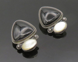 REVE 925 Silver - Vintage Onyx &amp; Mother Of Pearl Non  Pierce Earrings - EG10289 - £99.79 GBP
