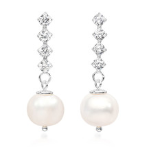 Dazzling White Pearl with Sparkling CZ Sterling Silver Post Drop Earrings - £14.34 GBP