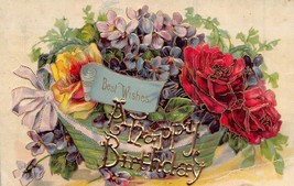 A Happy BIRTHDAY-FLOWERS-GOLD Colored APPLIQUE~1908 Postcard - £5.07 GBP