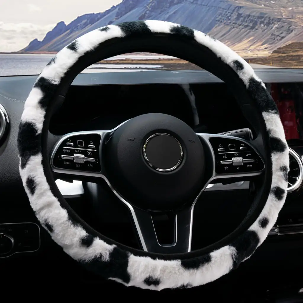 Car Steering Wheel Cover Milk Cow Print Plush - Warm, Anti-Slip, Universal Fit - $13.88