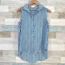 Pleione Sleeveless Button Down Top Blue White Striped High Low Womens Small - £19.49 GBP
