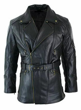 Men&#39;s 3/4 Motorcycle Long Sheep Black Leather Jacket Coat - £44.66 GBP+