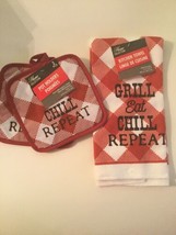 Spring towel pot holder set 3 pc Grill Eat Chill Repeat Home Collection red - $15.49