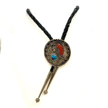 Vtg Signed Sterling Bennett Navajo Coral Turquoise Stone Black Leather Bolo Tie - £128.49 GBP
