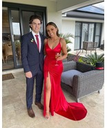 Sexy Mermaid V Neck Red Satin Long Prom Evening Dresses with Side Slit - $149.90