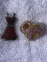 Lot Of Two Swarovski Crystal Pins Red Dress Pink Heart Breast Cancer Rhinestone - £27.66 GBP