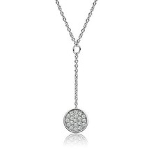Elegant Simulated Diamond Round Charm Rhodium Plated Y Drop Lariat Necklace 16&quot; - £58.25 GBP
