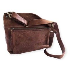 VTG FOSSIL Floral Brown Leather Hobo Tooled Embossed  Shoulder Handbag - £31.37 GBP
