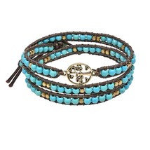 Mystic Tree of Life on Genuine Leather and Green Turquoise Wrap Bracelet - £16.44 GBP