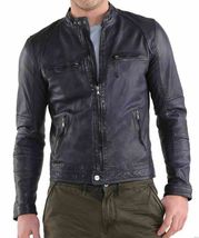 Men&#39;s Real Lamb Leather Real Leather Biker Blue Classic Jacket Slim Fit Motorcyc - £129.95 GBP