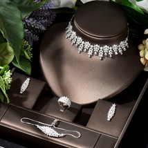 Leaf Shape 4pcs Cubic Zircon Wedding Costume Necklace Jewelry Set White Gold Col - £54.58 GBP