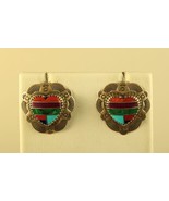 Vintage Signed Sterling Silver Navajo Heart Shape Multi Stones Inlaid Ea... - $54.45