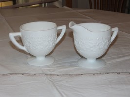 No Makers Mark White Sugar and Creamer Set Floral Embossed Milk Glass ! - £16.14 GBP