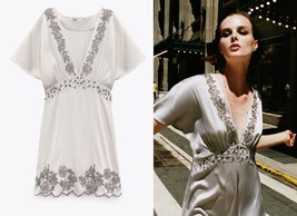 ZARA SATIN DRESS WITH EMBROIDERY LIMITED EDITION PEARL GREY -S - £71.93 GBP