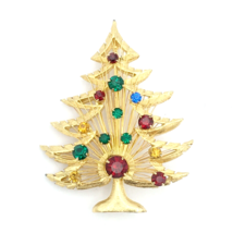 BROOKS wire Christmas tree brooch - vintage Mod gold-tone rhinestone pin - £19.91 GBP