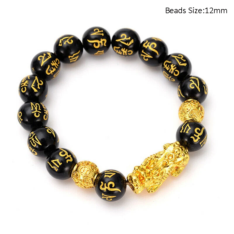 Feng Shui Obsidian Stone Beads Bracelet Men Women Unisex Wristband Gold Black Pi - £16.94 GBP