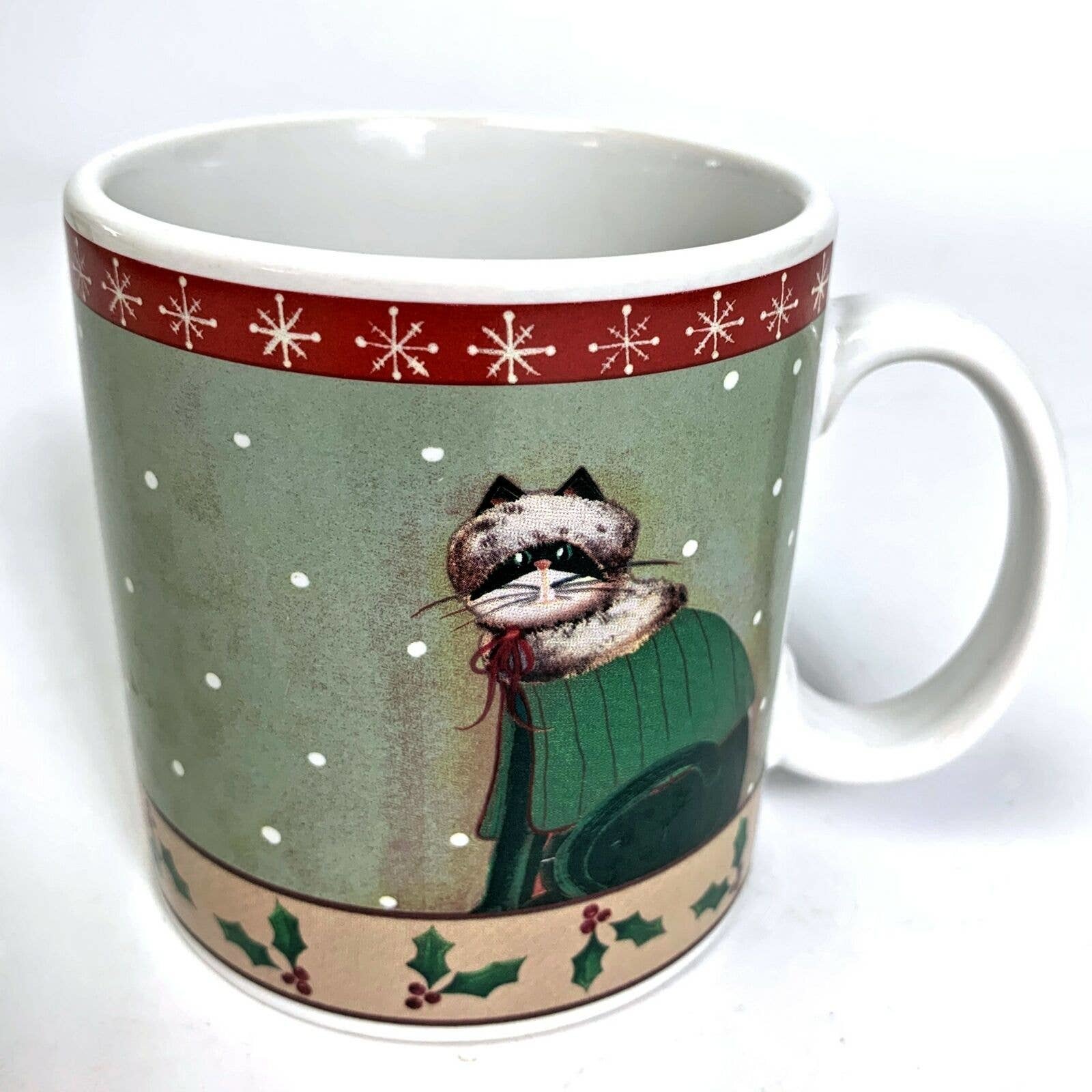 Primary image for Sakura Holiday Cats Coats 12oz Stoneware Coffee Mug Fiddlestix Christmas Holly