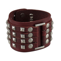Zeckos Brown Leather 4 Row Chrome Pyramid Stud Wristband - £11.22 GBP