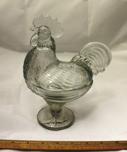 Clear Glass Rooster Covered Dish Standing Chicken Retro Depression Style - £18.76 GBP