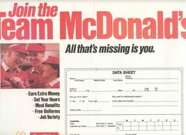 McDonald's Join The Team Data Sheet Placemat 1987 - $11.88