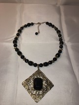Gold And Black Beaded Vintage Ladies Necklace With Black Jewel Medallion￼ - £19.83 GBP