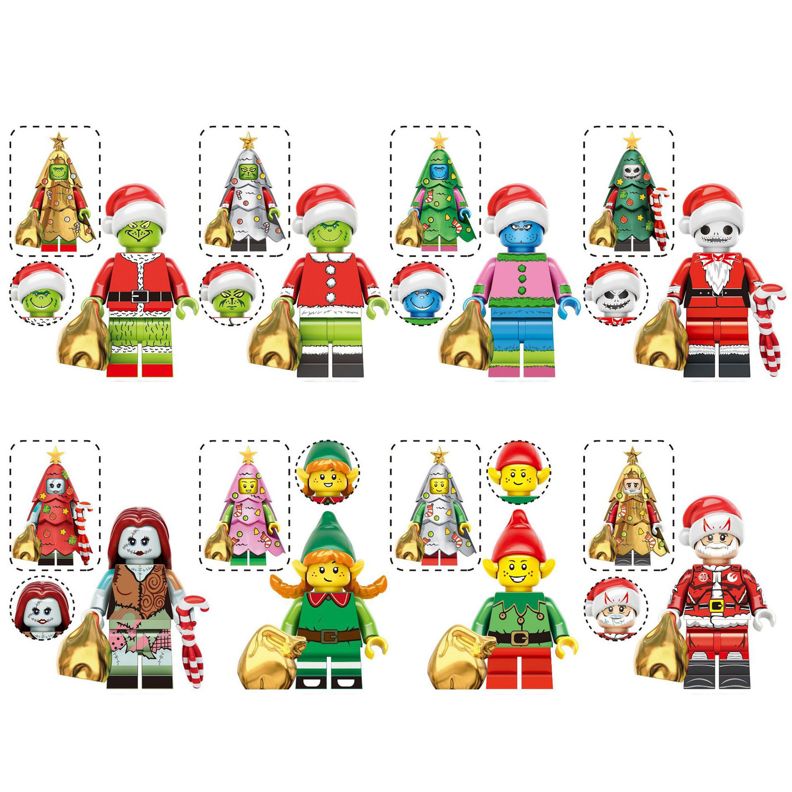 8Pcs 2024 Christmas Theme Grinch Jack Sally Santa Rex Elf Minifigures Bricks Toy