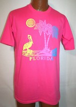 Vintage 80s Florida Puff Print Palm Tree &amp; Pelican Pink 50/50 T-SHIRT L Vtg Usa - £21.35 GBP