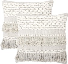Tufted Throw Pillow Cushion Covers-Boho Textured Woven Decorative Cases Set For - £38.51 GBP