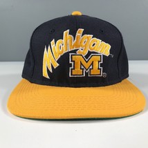 Vintage University of Michigan Fitted Hat 6 7/8 Maize Blue Script Block M Logo - £25.36 GBP