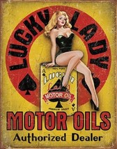Lucky Lady Motor Oil Gas Service Garage Dealer Retro Pinup Girl Metal Tin Sign - £17.57 GBP