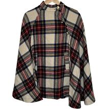 Plaid Wool-Blend Button-Neck Cape Poncho — Cream Red Tartan, Asymmetric ... - $29.99