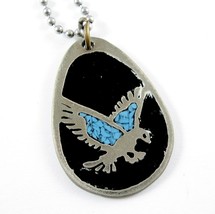 Turquoise Chips Eagle Necklace Vintage Pendant Black Enamel Men&#39;s Ball Chain - £11.62 GBP