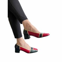 70s Frank Morr VTG Leather Pump Spain Sz 9.5 Colorblock Blue Red Gold Sq... - $65.93