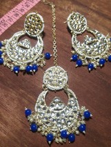 Indian Joharibazar GoldPlated Kundan Earring Jhumka Tikka Tika Jewelry Set Blue - £18.38 GBP