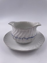 Celebrity Fine China Evening Tide Gravy Boat w/Plate White Blue Scrolls ... - £30.96 GBP