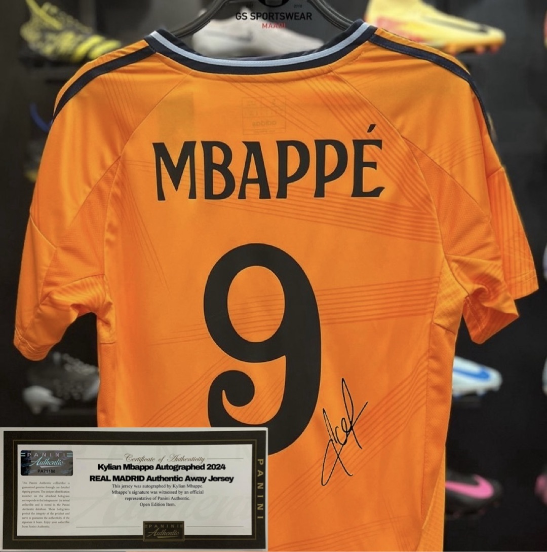 REAL MADRID 2025 AWAY ORANGE JERSEY WITH SIGNED MBAPPE (COA) // FREE SHIPPING