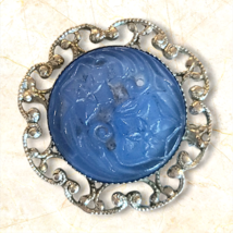 Vintage Carved Blue Stone Flower Pin Brooch Silver Tone Framed Estate - £16.06 GBP