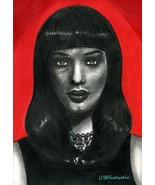 exotic brunette woman face portrait original ink pencil drawing dimple c... - £24.04 GBP