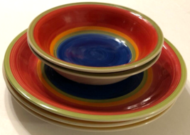 Lot 5 Royal Norfolk Mambo Dinner Plate Soup Bowl Circles Blue Red Stonew... - $52.48