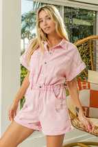 BiBi Light Pink Distressed Half Snap Short Sleeve Denim Romper - £43.28 GBP