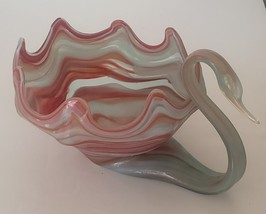 MCM Hand Blown Art Glass Swan Bowl Swirled Orange &amp; White Candy Dish - £26.33 GBP
