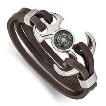 NEW Stainless Steel Polished Functional Compass Brown Leather 8.5in Bracelet - £52.79 GBP